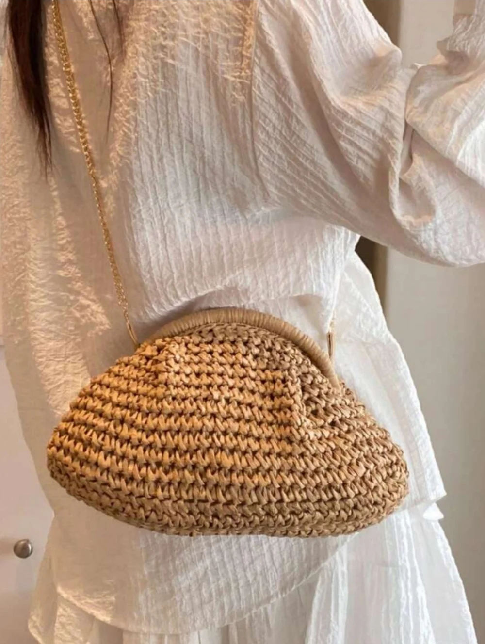 Woven Straw Clutch with Gold Chain - Tan